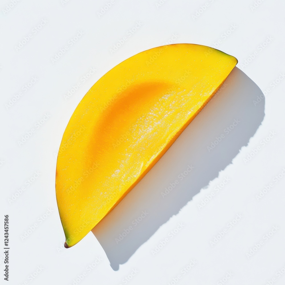 Poster ripe mango slice with smooth yellow texture resting on a clean white surface