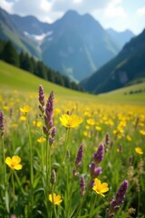 Yellow and purple flowers swaying gently in the breeze above a potato crop in the Dolomites, rustic landscape, wheat fields