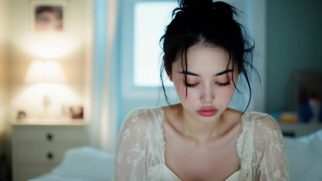 Femme asiatique triste assise sur un lit qui se prend la t&ecirc;te entre les mains.