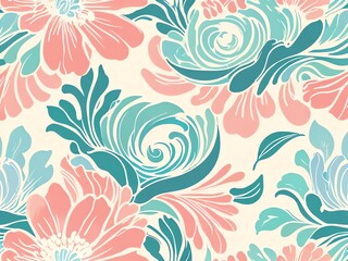 Floral Seamless Pattern: Pastel Pink, Teal, and Cream Watercolor Design
