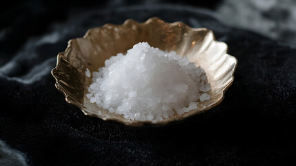 A close-up of coarse salt crystals resting in a small dish, placed on a smooth black velvet surface, highlighting the rough texture and shine of the salt.