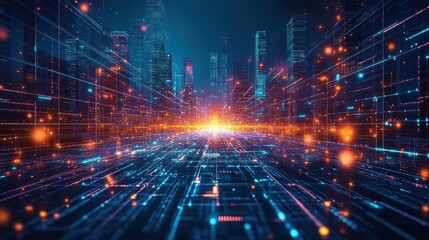 Fototapeta premium Digital background show up the hologram of connecting nertwork growing node in the megacity