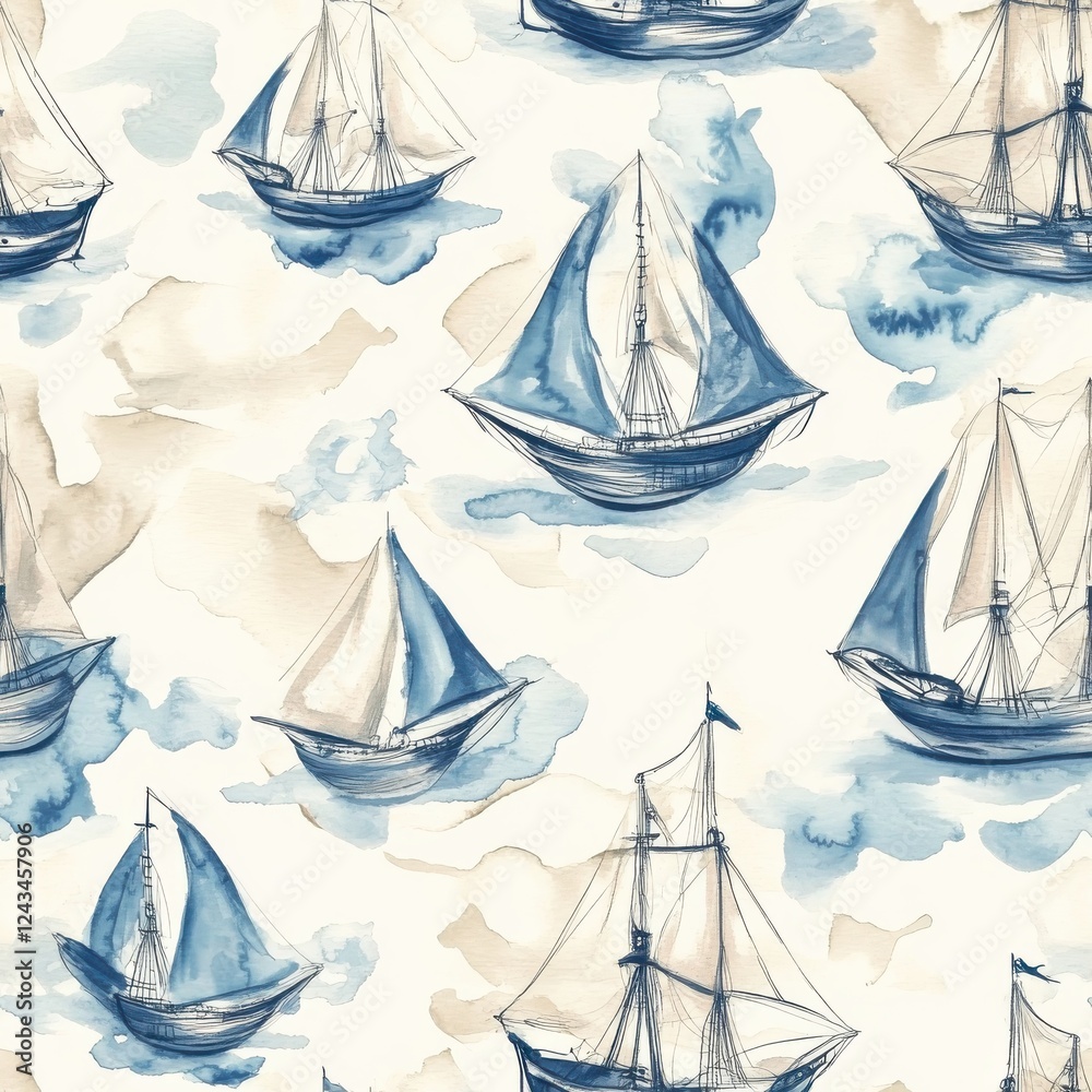 Aufkleber serene watercolor doodle of sailboats drifting on soft clouds and gentle waves in a tranquil ocean s