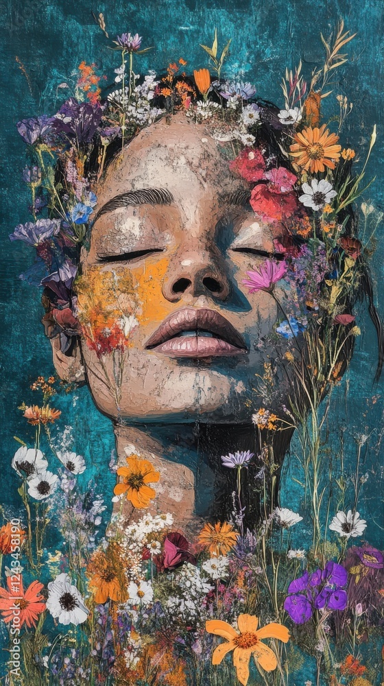 Poster Serene portrait of a woman with a glowing expression surrounded by vibrant flowers in a tranquil setting