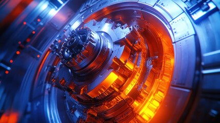 Futuristic rotating engine in a high-tech facility, glowing orange