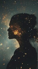 Fototapeta premium Serene portrait of a woman enveloped in a cosmic glow against a dark background