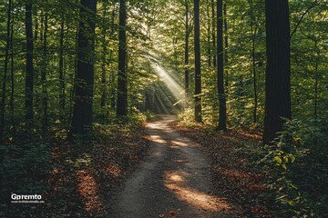 Obraz premium Sunlit Forest Path A Serene Woodland Scene