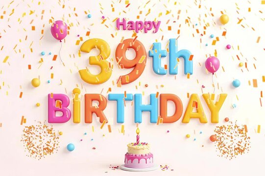 Animated 3D Happy 39th Birthday background video in pastel theme with floating balloons, lit candles, fireworks, and confetti shower