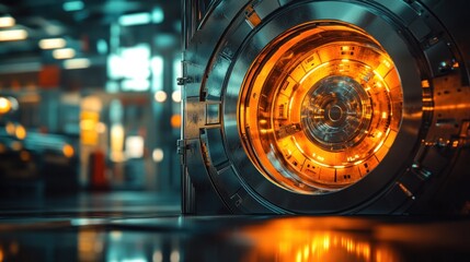 Fototapeta premium Futuristic security vault glowing interior, urban factory background