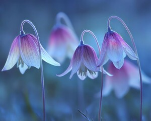 Delicate Frosted Pink and White Bell-Shaped Flowers in Twilight, Soft Focus, Nature Background