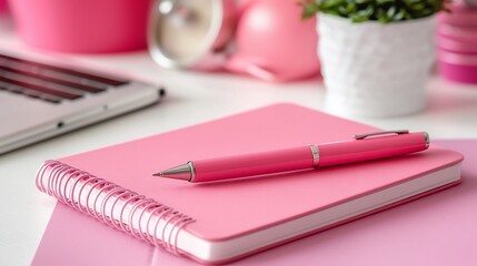 Pink notebook, pen, desk, office, background blur, feminine workspace, stock photo