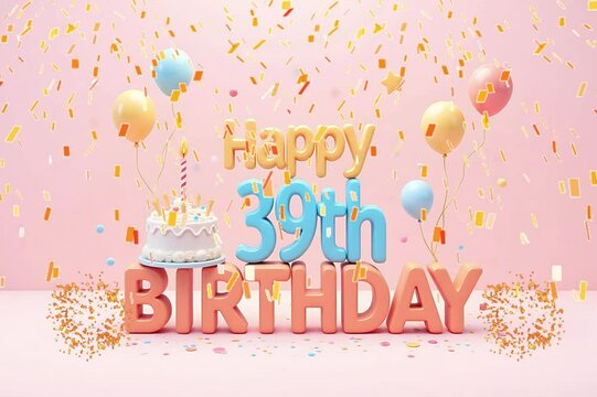Animated 3D Happy 39th Birthday background video in pastel theme with floating balloons, lit candles, fireworks, and confetti shower