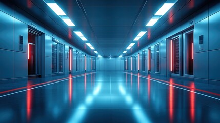 Futuristic server corridor with neon lighting, servers, and doors