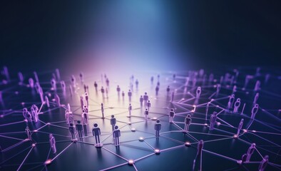 Fototapeta premium Abstract network with glowing line and node. At center of frame the glowing line and node are shapes of people or human connecting together.