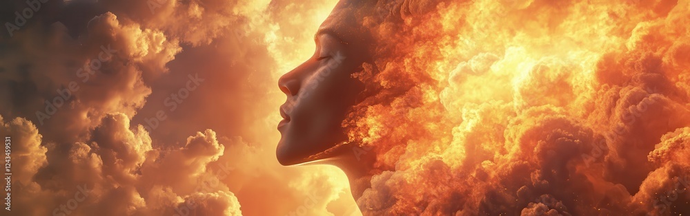 Poster mystical profile of a man intertwined with vibrant clouds and flames in an imaginative landscape