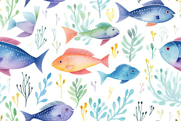 Naklejka premium Watercolor Seamless Pattern of Colorful Fish and Aquatic Plants