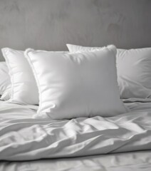 White fluffy pillow on clean white pillowcase against gray background, interior design, comfort, cozy, simplicity
