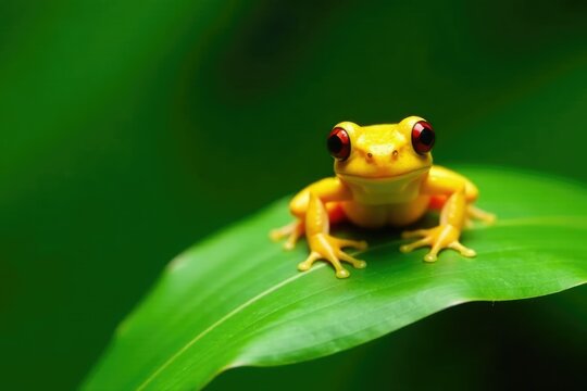 A small yellow and red frog sits on the top of a lush green leaf, frog, small, yellow