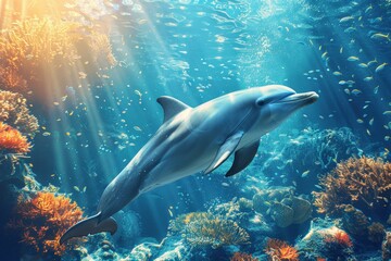Obraz premium A graceful dolphin swims through luminous underwater scenery, surrounded by vibrant corals and shimmering fish, capturing the beauty of marine life.