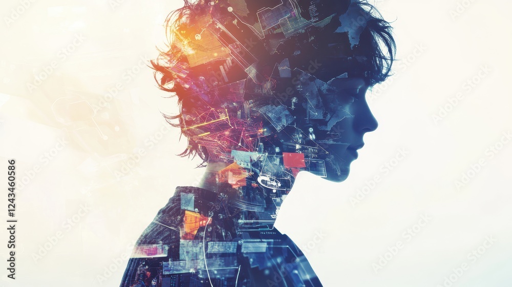 Aufkleber dynamic silhouette of a young entrepreneur in a high-tech environment showcasing innovation and ambi