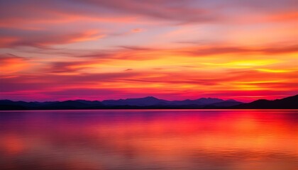 Obraz premium A vibrant sunset over a calm lake, reflecting colorful hues of orange, pink, and purple, with silhouettes of distant mountains in the background.