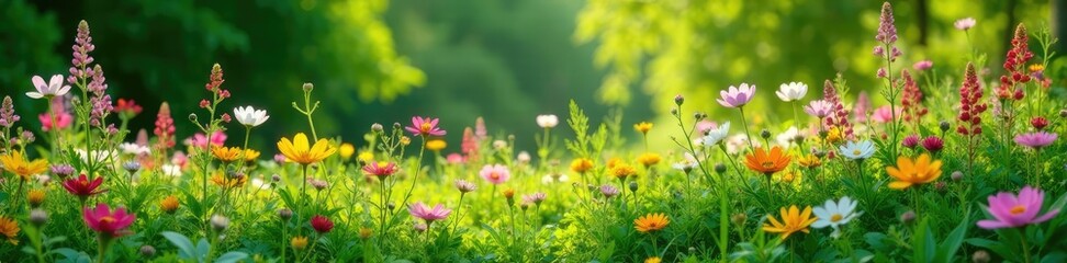 Obraz premium Abundant wildflowers blooming amidst lush green foliage, flowers, scenery