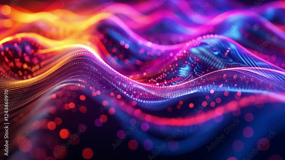 Poster dynamic iridescent waves show vibrant colors and abstract patterns in mesmerizing 4k visual display 