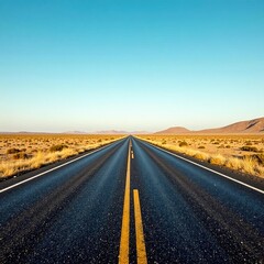 Naklejka premium A worn-out asphalt road stretches across the vast, open plain, terrain, vastness