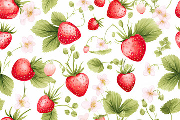 Watercolor Strawberry Seamless Pattern with Flowers and Leaves
