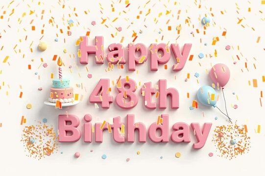 Animated 3D Happy 48th Birthday background video in pastel theme with floating balloons, lit candles, fireworks, and confetti shower