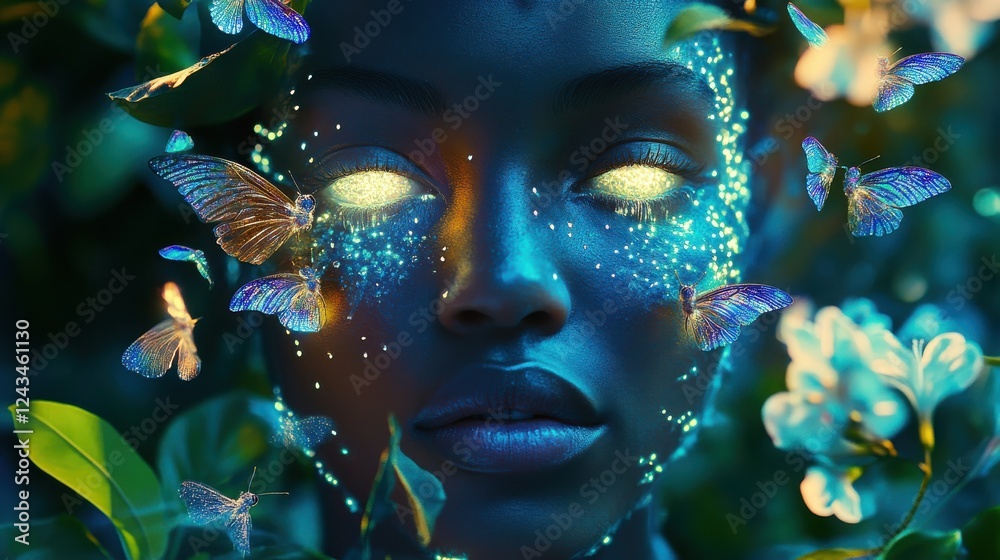 Poster merging of a woman's face with vibrant butterflies and glowing elements in a lush garden setting