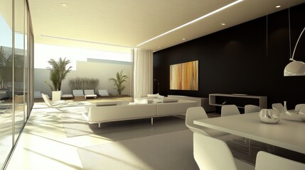 Fototapeta premium Elegant dining room featuring dramatic black accents and modern furnishings in an airy setting