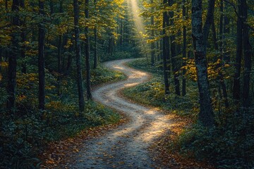 Obraz premium Winding Forest Path Autumn Sunlight Dappled Leaves