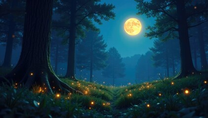 Forest floor illuminated by the soft glow of fireflies and the light of a full moon, nighttime, light, forest floor