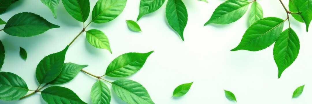 Dark green Padauk leaves scattered on a white background, foliage, pterocarpus, padauk