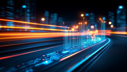 Abstract Data Flow, Blue and Orange Lines, Representing City Information, Technology Background