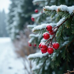 Frosted viburnum berries amidst coniferous spruce forest, evergreen trees, winter scenery