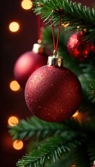 Obraz premium Glittery red Christmas tree baubles with glitter and star, decorations, holiday