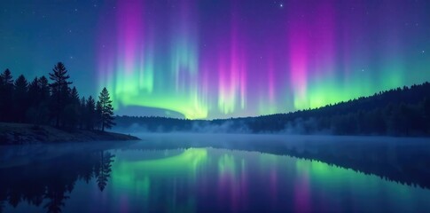 Fototapeta premium Iridescent purple and green Northern Lights undulate above a misty forest lake, iridescent, sky, lake