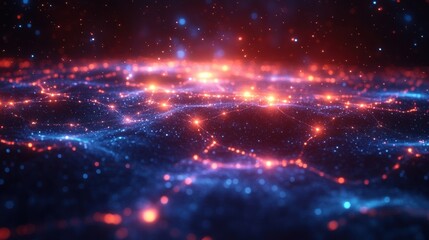 Obraz premium Abstract blue and purple network with glowing line and node. At center of frame the glowing line and node are a various of business icons connecting around the world.