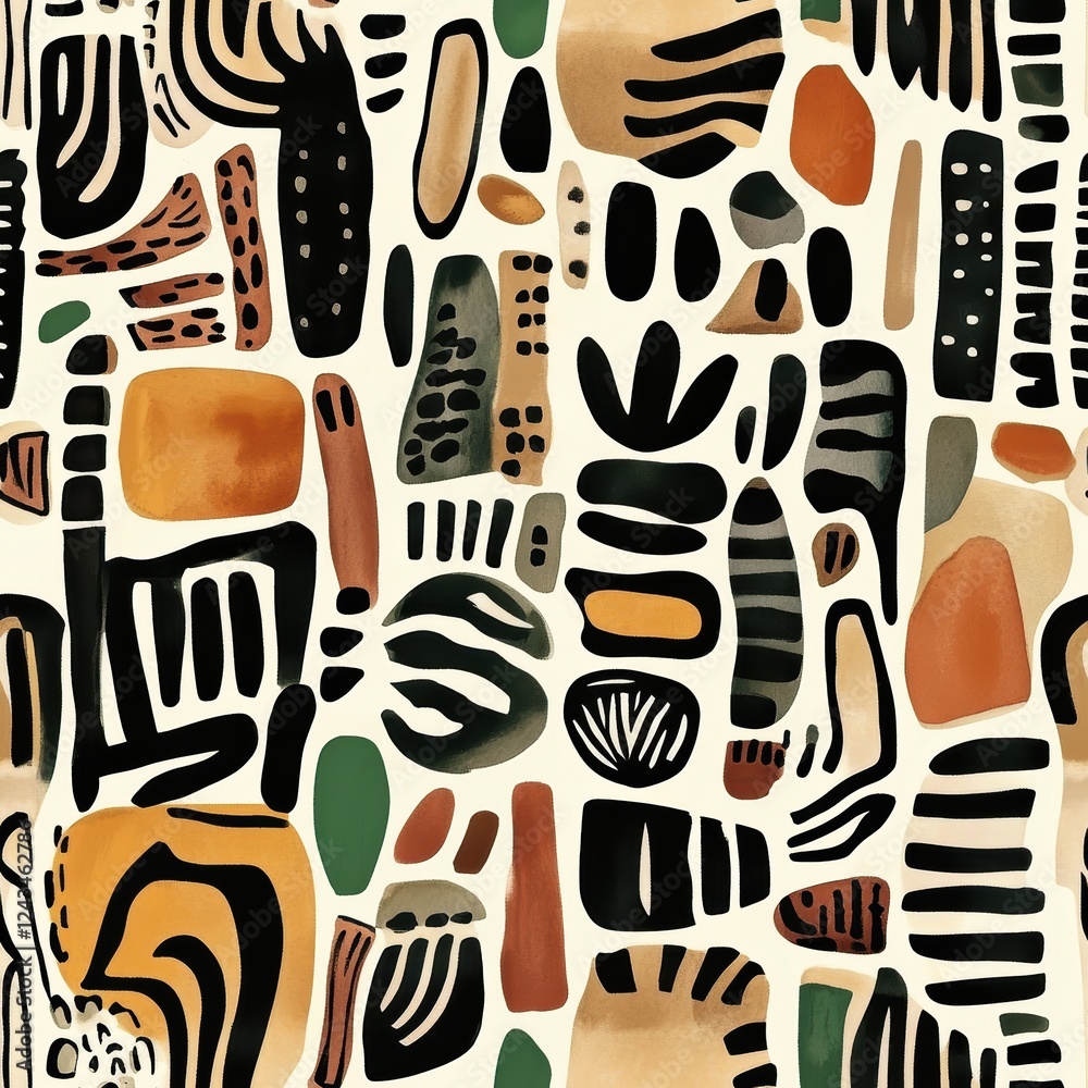 Poster bold watercolor doodle artwork featuring abstract shapes and patterns with earthy tones and vibrant 