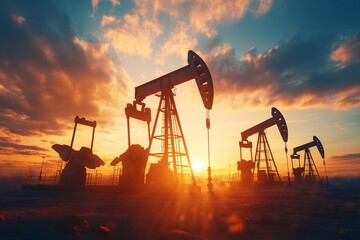 Obraz premium A sunset over a field with a large oil rig in the foreground. The sun is setting behind the rig, casting a warm glow over the scene. The oil rig is a symbol of human ingenuity and the power of technol