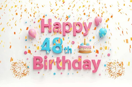 Animated 3D Happy 48th Birthday background video in pastel theme with floating balloons, lit candles, fireworks, and confetti shower