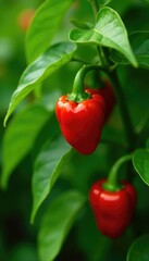 Red pepper plant with lush green leaves and ripe peppers, red pepper, garden, vines