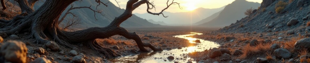 Fototapeta premium Twisted tree branches in muddy volcanic landscape, mud, muddy volcanoes, twisted trees