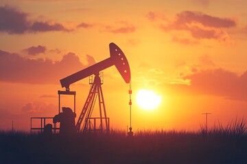 A sunset over a field with a large oil rig in the foreground. The sun is setting behind the rig, casting a warm glow over the scene. The oil rig is a symbol of human ingenuity and the power of technol