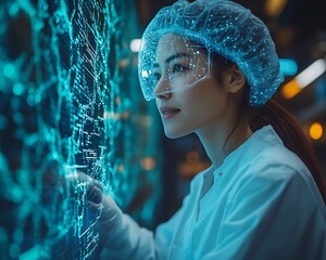 Scientist examining futuristic digital interface.