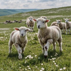 Obraz premium A group of frolicking lambs in a blossoming spring meadow, contrasted against a clean pure white backdrop.
