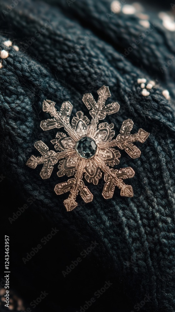 Poster close-up view of a beautifully detailed snowflake resting on a textured dark green fabric during win