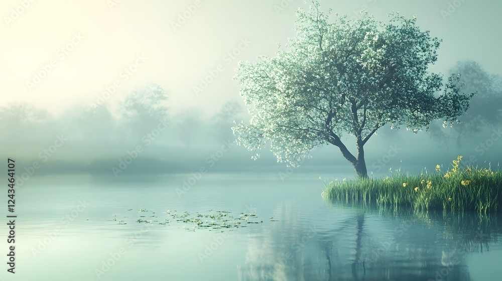 Wall mural serene and calming digital showcasing a minimalist landscape with soft bright gradient background an